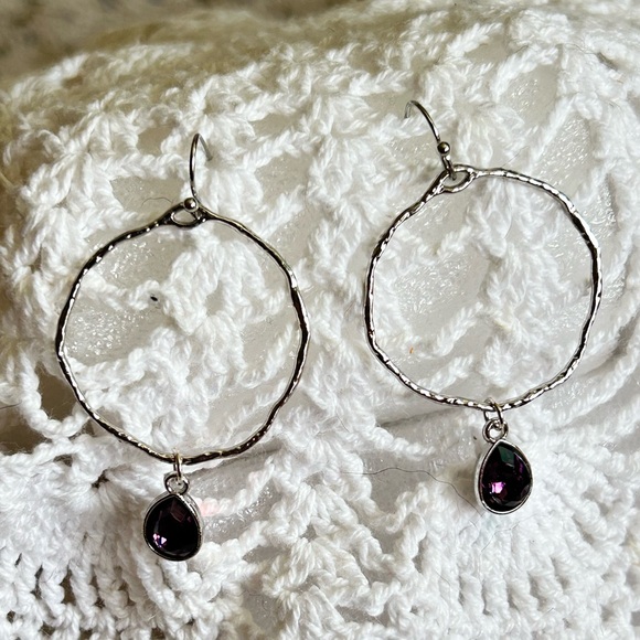 Jewelry - Purple -Textured Silver Hoop Drop Earrings Dark Purple Charm Formal Casual Chic